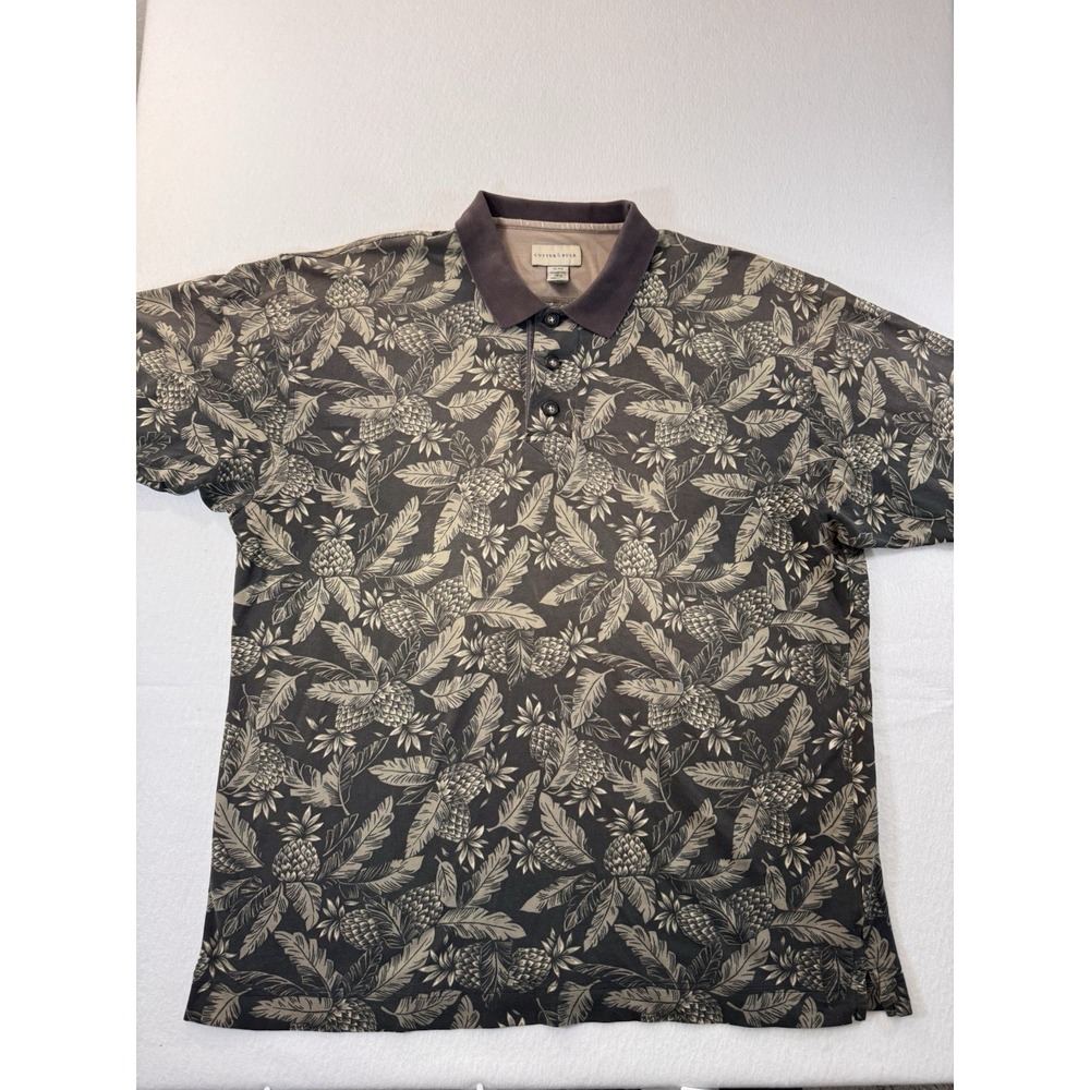 Cutter & Buck Mens XL Brown Pineapple Palm Leaf Print Cotton Blend Polo Shirt